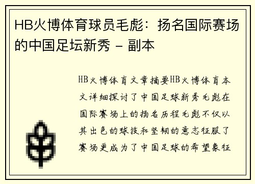 HB火博体育球员毛彪：扬名国际赛场的中国足坛新秀 - 副本