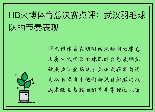 HB火博体育总决赛点评：武汉羽毛球队的节奏表现