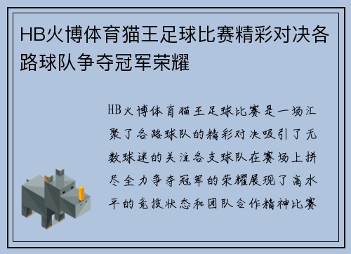 HB火博体育猫王足球比赛精彩对决各路球队争夺冠军荣耀