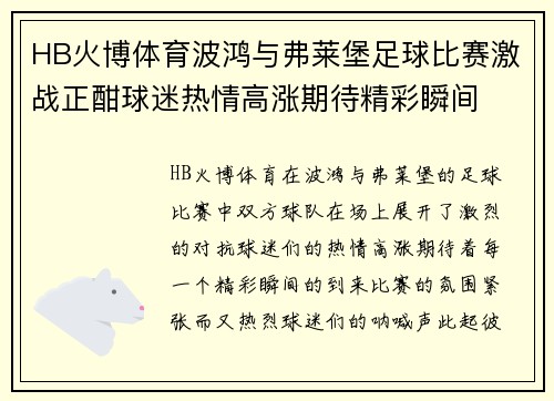 HB火博体育波鸿与弗莱堡足球比赛激战正酣球迷热情高涨期待精彩瞬间